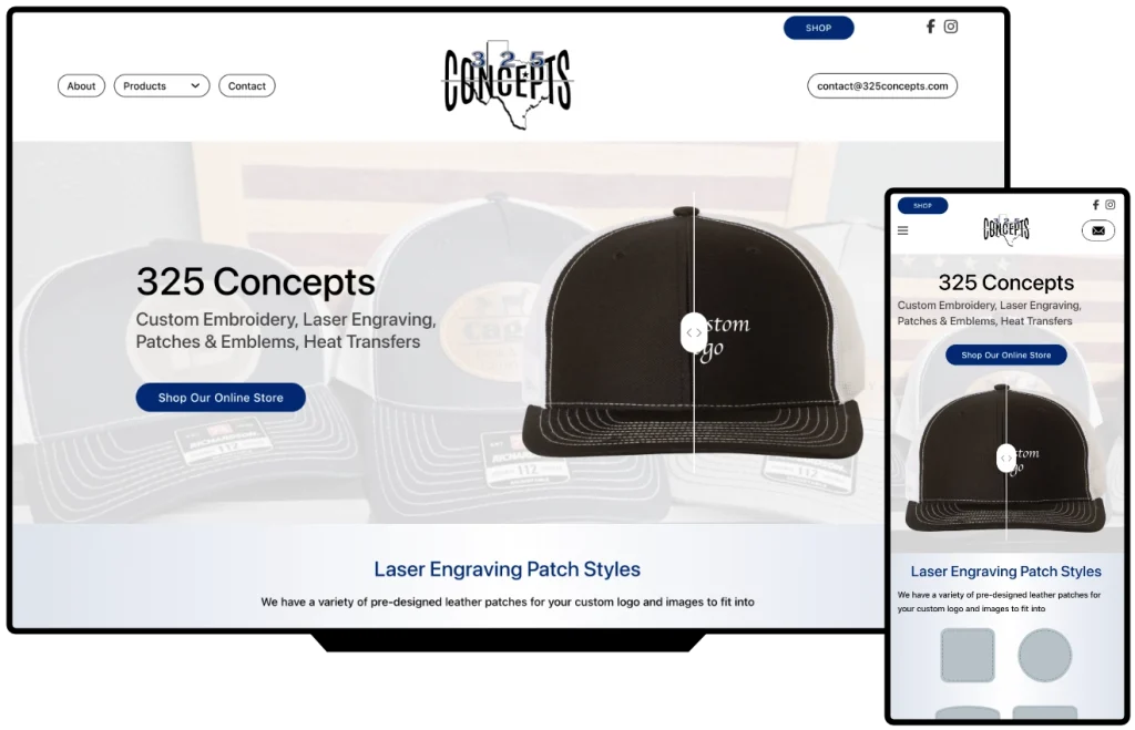 325 Concepts custom embroidery and laser engraving store website shown on desktop and mobile, designed by SimpleWebs13