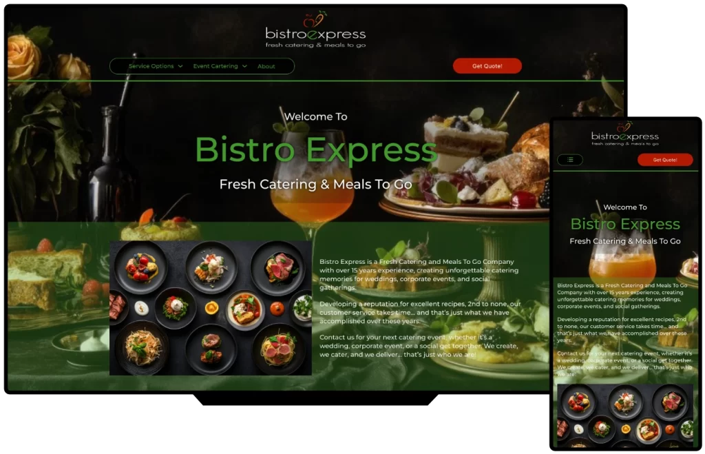 Bistro Express catering and meal prep website shown on desktop and mobile, designed by SimpleWebs13
