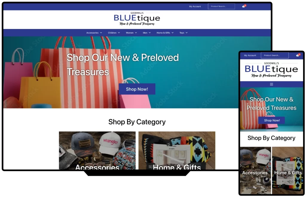 BLUEtique online store website shown on desktop and mobile, designed by SimpleWebs13