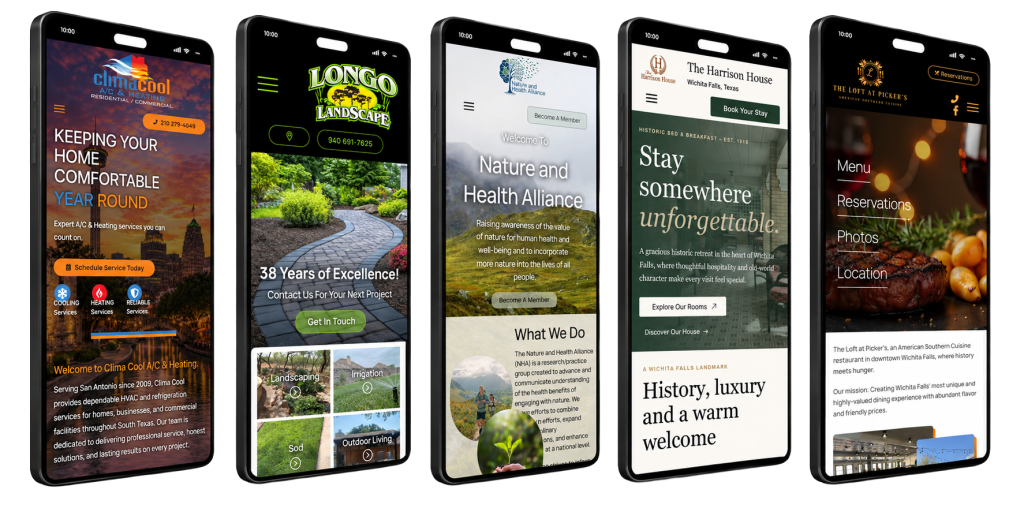 Five phone screens showing mobile websites designed by SimpleWebs13