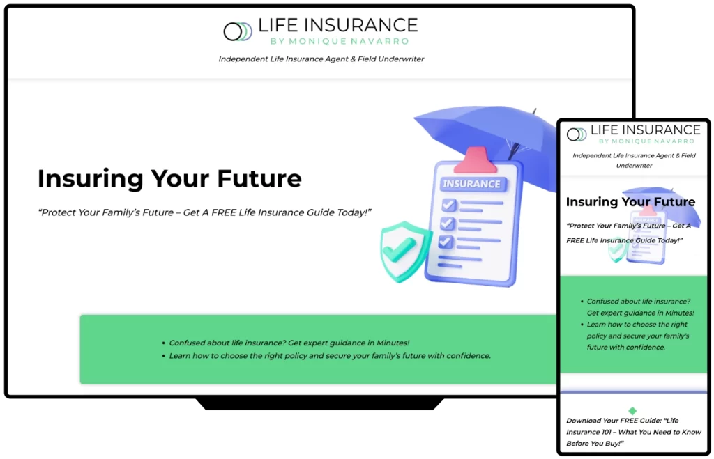 Life Insurance by Monique Navarro website shown on desktop and mobile, designed by SimpleWebs13