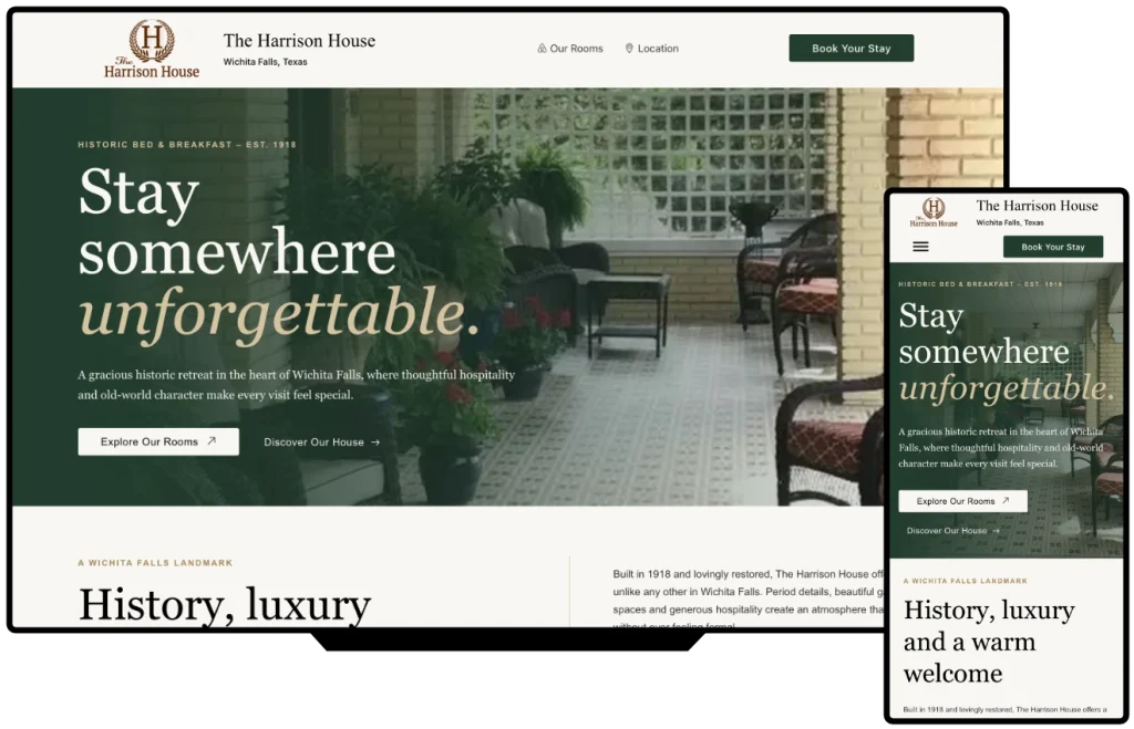 The Harrison House bed and breakfast website shown on desktop and mobile, designed by SimpleWebs13