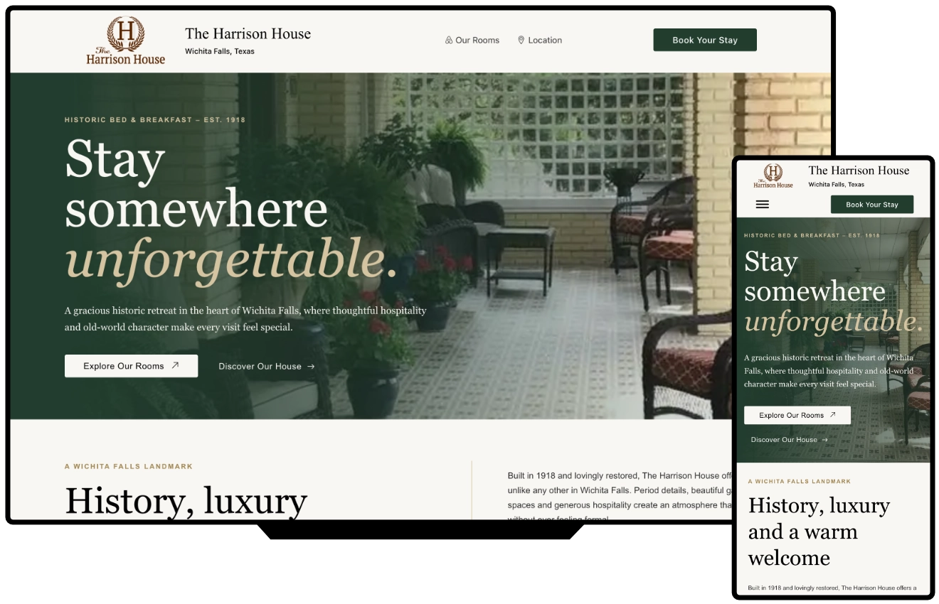 The Harrison House bed and breakfast website shown on desktop and mobile, designed by SimpleWebs13