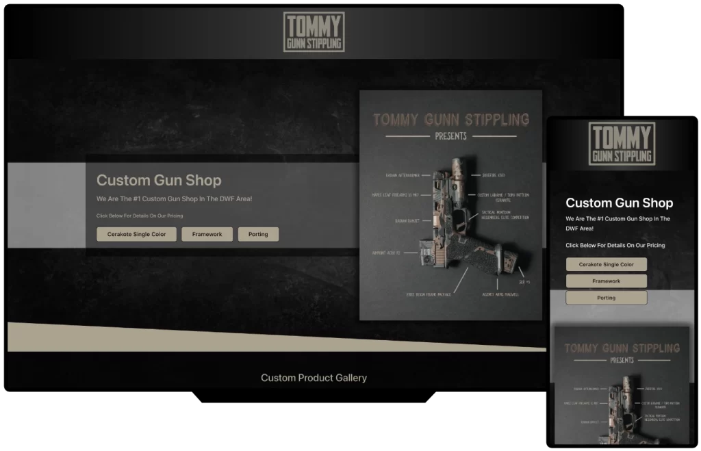Tommy Gunn Stippling custom gun shop website shown on desktop and mobile, designed by SimpleWebs13