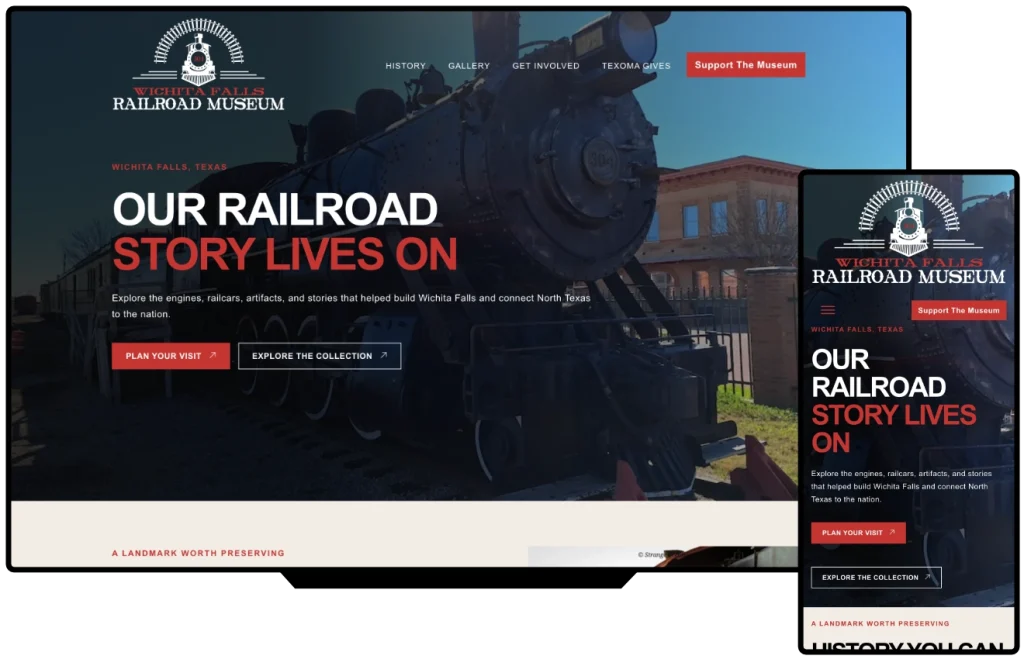 Wichita Falls Railroad Museum website shown on desktop and mobile, designed by SimpleWebs13